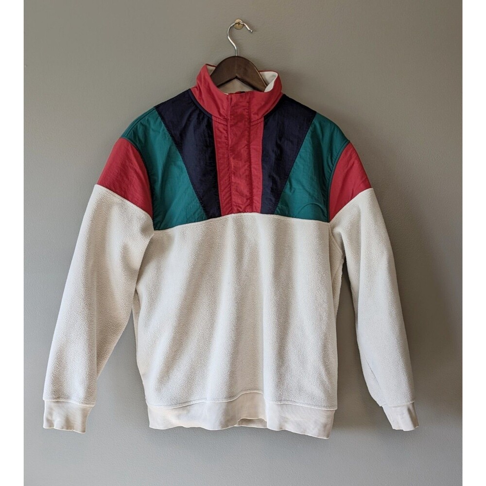 Zara Mens Small Colorblock Fleece Half Zip Pullover Jacket Red Green Cream S